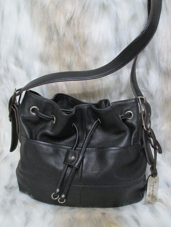 Handbags - P2905-Tignanello Black Pebble Leather Bucket-Lots of Pockets-shoulder